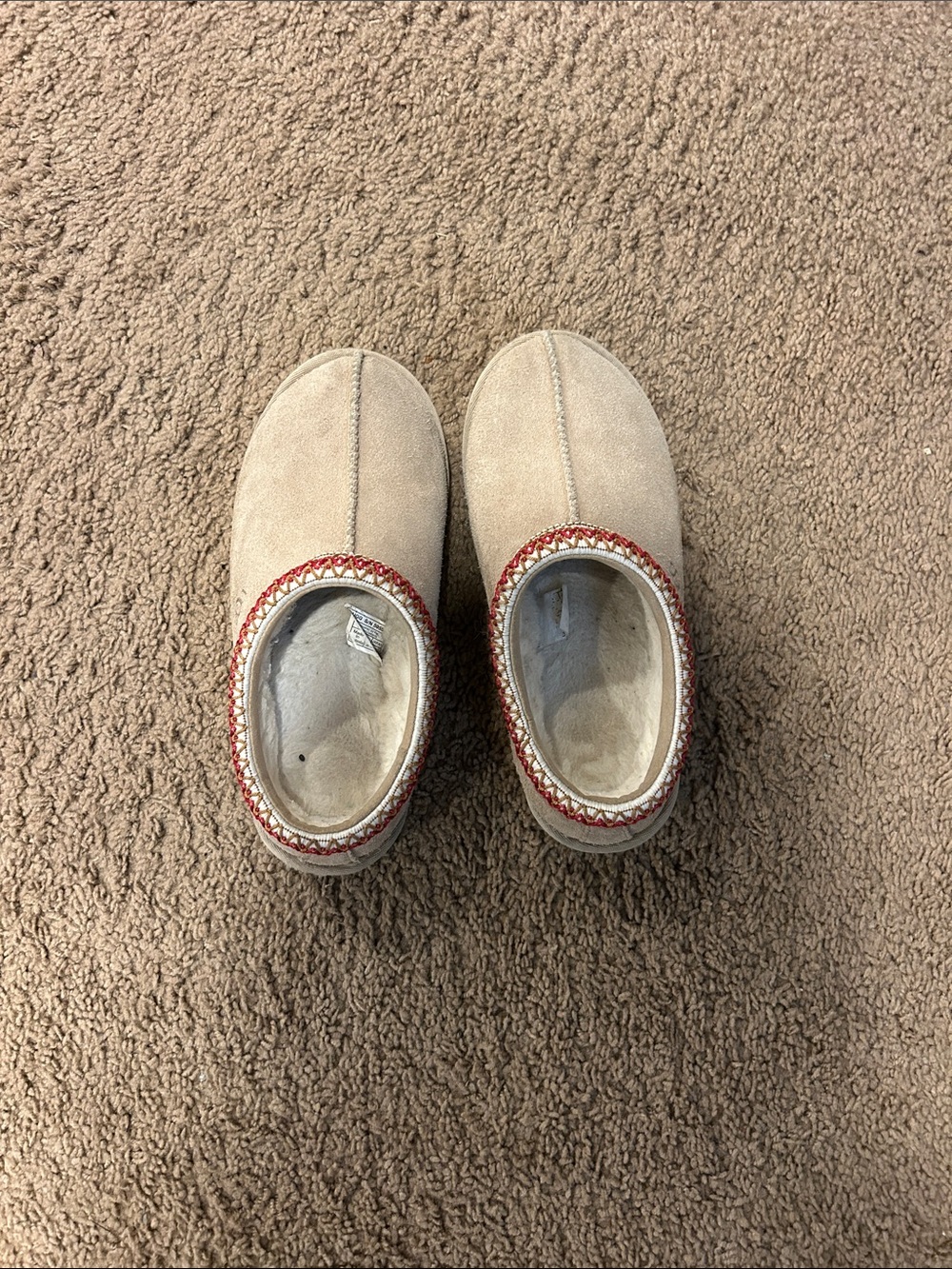 UGG Kids Tan Slip-On Slippers with Red Trim